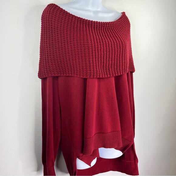 Michael Kors Red‎ Chunky Knit Off The Shoulder Sweater Size 0X High Low Top - Picture 7 of 10